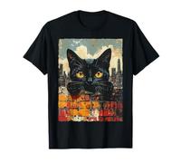 Peeking Black Cat Retro Urban Street Art City Skyline T-Shirt