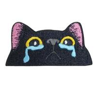 Peeking Crying Black Cat Patch, Big Yellow Eyes Pink Ears Blue Tears Embroidered Patch - Hook and Loop Backing DIY Craft for Backpacks Hats Jackets Jeans - Emotional Melancholy Badge for Animal Lovers