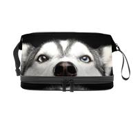 Peeking Siberian Husky Dog Double Layer Cosmetic Bag for Women and Girls, Travel Toiletry Bag Makeup Handy Pouch Organiser Bag with Brush Compartment