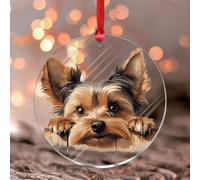 Peeking Yorkshire Terrier Christmas Tree Ornament Cartoon Funny Dog Xmas Ornament Keepsake Holiday Decoration Rustic Clear Round Acrylic Ornament Pendant for Family Birthday New Year Home