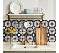 Peel and Stick Wall Tiles Black Red Mandala Tiles Self Adhesive PVC Home Decor Backsplash Kitchen Tile Stickers Waterproof Tile Stickers for Bathroom 20x20cm /24 Pcs