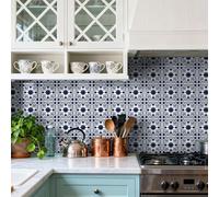 Peel and Stick Wall Tiles Navy Blue Floral Tiles Self Adhesive PVC Home Decor Backsplash Kitchen Tile Stickers Waterproof Tile Stickers for Bathroom 20x20cm /24 Pcs