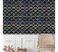 Peel and Stick Wallpaper Fish Scale Pattern Self Adhesive Wallpaper 50×600CM, Blue Gold Fish Scale Style Patterned Sticky Back Plastic Roll, Kitchen Cupboard Worktop Vinyl Wrap for Furniture Table
