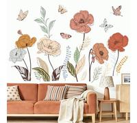 Peelora Boho Flower Wall Stickers Wildflower Floral Grass Butterflies Wall Decals Living Room Bedroom Tv Background Reusable Self-Adhesive Home Decor Stickers