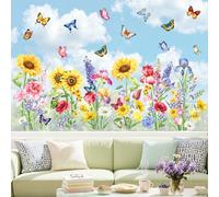Peelora Spring Garden Flower Double Sided Window Clings Wildflower Sunflower Butterflies Floral Window Stickers Anti-Collision Glass Doors Decals