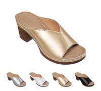 Peep Toe Chunky Heel Mules Women, Slip On Sandals Women, Metallic V-Cut Mule, Open Toe Footwear, Stitched-Edge Sandals With Wood-Like Heel For Evening Outings, Date Nights, Bridal Events