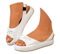 Peep Toe Flatform Slingback Sandals for Women Size 7.5 Bow White Back Strap Slip on Comfortable Low Heel Platform Flats Shoes with Back Strap Sandle