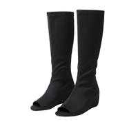 Peep Toe Low Wedge Mid Calf Boots Women Size 6 Calf Length Tall Sandals Boots Open Toe Pull on Summer Boots Black 2026 Footwear