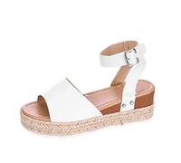 Peep Toe Platform Sandals for Women with Straw Woven Sole, Faux Leather and Ankle Strap Summer Wide Fit Beach Sandals Comfort Boho Casual Shoes for Outings and Vacation,White,4.5