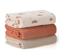 Peepeemax Baby Swaddle Blanket, Large Muslin Cloths for Baby 100x100cm, Soft and Absorbent Muslin Blanket for Newborn Receiving Blanket for Boys and Girls, Pack of 3, Rainbow