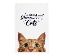 Peeping Cat Tea Towel - A House is not a Home Without Cats - Ginger Cat Gift Panama Cotton Kitchen Dish Towel/Drying Cloth - 67cm x 45cm