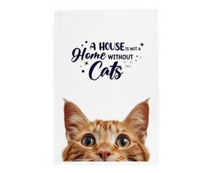 Peeping Cat Tea Towel - A House is not a Home Without Cats - Ginger Cat Gift Panama Cotton Kitchen Dish Towel/Drying Cloth - 67cm x 45cm