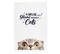 Peeping Cat Tea Towel - A House is not a Home Without Cats - Scottish Fold Cat Gift Panama Cotton Kitchen Dish Towel/Drying Cloth - 67cm x 45cm