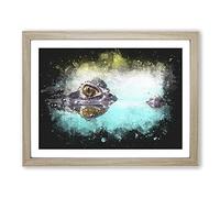Peering Crocodile Paint Splash Modern Art Framed Wall Art Print, Ready to Hang Picture for Living Room Bedroom Home Office Décor, Oak A3 (46 x 34 cm)