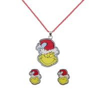 The Grinch Womens Girls Christmas Stud Earrings and Pendant Necklace Jewellery Gift Set