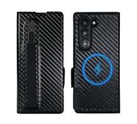 Pefimt for Samsung Galaxy Z Fold 6 Wallet Case with S Pen Holder, Compatible with MagSafe Strong Magnetic, Hinge Protection Luxury Carbon Fiber Texture Leather 3 Card Slots with RFID Blocking (Black)