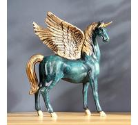 Pegasus Horse Statue Unicorn Table Sculpture, Wing Divine Figures Flying Animal Figurines Home Décor, Desktop Art Figure Decorations for Living Room Party (Green-Sitting)