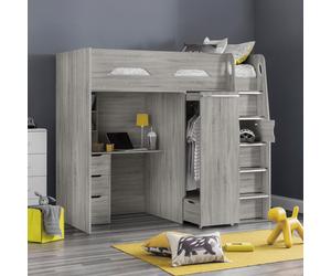 Pegasus - Single - Kids High Sleeper Bed - Wardrobe - Desk and Storage - Grey Oak - Wooden - 3ft - Happy Beds