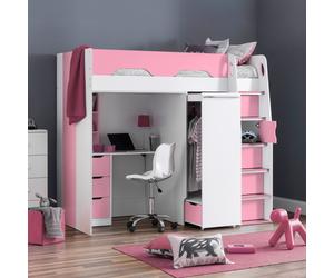 Pegasus - Single - Kids High Sleeper Bed - Wardrobe - Desk and Storage - Pink and White - Wooden - 3ft - Happy Beds
