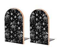 Pegasus with Horn Unicorn Wings Skeleton Seamless Black White Book Shelf Holder, Bookends Book Stand for School Home Office Desks Library Books Movies DVDs Files Magazines M