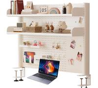 Pegboard Wall Organizer Panels.3-Tier Clamp-On Desk Shelf with Pegboard, White Desktop Bookshelf and Display Rack for Home Office, Dorm, Gaming, Computer - 23.6in (60cm) Storage Solution