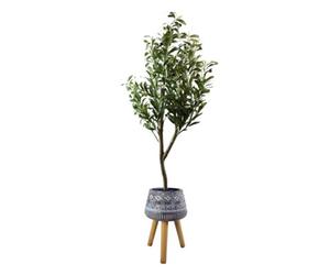Pegdev - Pdl 120Cm Artificial Olive Tree With Large Blue Rustic Planter Realistic Faux Plant With Natural Trunk For Home/ Office