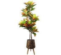 Pegdev - Pdl - 140Cm Artificial Codiaeum Tree In Rustic Fibreglass Planter Realistic Indoor Faux Plant For Home Office