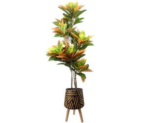 Pegdev - Pdl - 140Cm Artificial Codiaeum Tree In Rustic Fibreglass Planter Realistic Indoor Faux Plant For Home Office