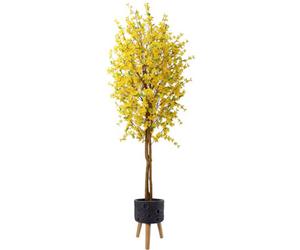 Pegdev - Pdl - 150Cm Artificial Forsythia Tree With Yellow Silk Blossoms And Natural Wood Trunk In Large Lunar Black Planter