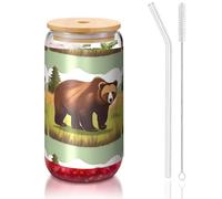 PEGQCVAM Brown Bear Walking 16 Oz Bamboo Lid And Straw Cup. Bpa Free. Reusable Drinking Cup With Bamboo Lid And Glass Straw For Hot Or Cold Drinks.