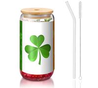 PEGQCVAM Irish Flag 16 Oz Bamboo Lid And Straw Cup. Bpa Free. Reusable Drinking Cup With Bamboo Lid And Glass Straw For Hot Or Cold Drinks.
