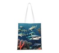 PEGQCVAM Sharks under the sea Totes.Printed Canvas Tote Bag.Lightweight Heavy Duty Polyester, Dual Handles for Everyday Use.