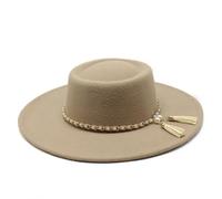 Pegsmio 8.5CM Wide Brim Women Wool Felt Fedora Hat Winter Elegant Formal Dress Church Hats Taupe