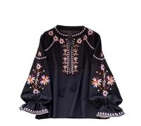 Pegsmio All-Match O-Neck Shirts Embroidery Lace Up Flare Sleeve Loose Casual Slim Top Black One Size