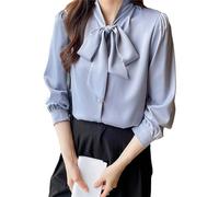 Pegsmio Womens Blouse Long Sleeve Vintage Work Tops Chiffon Blouse Bow Elegant Loose Business Shirts Blue