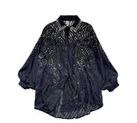 Pegsmio Women's Sequin Embroidery Inlaid with Diamonds Versatile Lantern Sleeve Top Shirt Black One Size