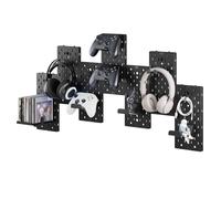 PEGZONE Controller and Headphone Holder Wall Mount, Modular Gaming Pegboard with Accessories, Controller Stand for Xbox PS5 PS4 Switch, Video Game Storage, Disc Shelf Organizer, 7pcs Pegboard, Black
