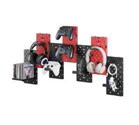 PEGZONE Controller and Headphone Holder Wall Mount, Modular Gaming Pegboard with Accessories, Controller Stand for Xbox PS5 PS4 Switch, Video Game Storage, Disc Shelf, 7pcs Pegboard, Black & Red