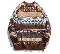 PEHMEA Men's Vintage Striped Sweater Oversized Crewneck Long Sleeve Knitted Pullover Jumper, Coffee, Medium