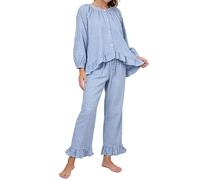 PEHMEA Women’s 100% Cotton Gingham Pyjama Set Checked Long Sleeve Button Down Top Ruffle Wide Leg Trousers 2 Piece Soft Lounge Sleepwear with Pockets(Blue-S)