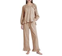 PEHMEA Women’s 100% Cotton Gingham Pyjama Set Checked Long Sleeve Button Down Top Ruffle Wide Leg Trousers 2 Piece Soft Lounge Sleepwear with Pockets(Brown-S)