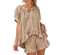 PEHMEA Women's Gingham Pyjama Set 100% Cotton Summer Short Sleeve Babydoll Shirt Ruffle Shorts 2026 Plaid Loungewear Nightwear with Pockets(Brown-XS)