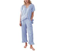 PEHMEA Women's Pyjama Sets Cotton Gingham Pjs Y2K Checked Short Sleeve Shirt Ruffle Matching Pants Soft 2 Piece Lounge Sleepwear with Pockets(Blue-S)