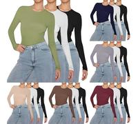 peiaclkde Long Sleeve Thermal Top Women 3 Pack Basic T Shirt Slim Fit Base Layers Solid Color Crew Neck Tight T-Shirt Lightweight Thermal Tops Underwear Shirt Warm Stretch Jumper Causal Tee Top