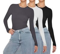peiaclkde Long Sleeve Thermal Top Women 3 Pack Basic T Shirt Slim Fit Base Layers Solid Color Crew Neck Tight T-Shirt Lightweight Thermal Tops Underwear Shirt Warm Stretch Jumper Causal Tee Top