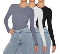 peiaclkde Long Sleeve Thermal Top Women 3 Pack Basic T Shirt Slim Fit Base Layers Solid Color Crew Neck Tight T-Shirt Lightweight Thermal Tops Underwear Shirt Warm Stretch Jumper Causal Tee Top