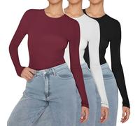 peiaclkde Long Sleeve Thermal Top Women 3 Pack Basic T Shirt Slim Fit Base Layers Solid Color Crew Neck Tight T-Shirt Lightweight Thermal Tops Underwear Shirt Warm Stretch Jumper Causal Tee Top