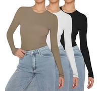 peiaclkde Long Sleeve Thermal Top Women 3 Pack Basic T Shirt Slim Fit Base Layers Solid Color Crew Neck Tight T-Shirt Lightweight Thermal Tops Underwear Shirt Warm Stretch Jumper Causal Tee Top