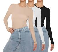 peiaclkde Long Sleeve Thermal Top Women 3 Pack Basic T Shirt Slim Fit Base Layers Solid Color Crew Neck Tight T-Shirt Lightweight Thermal Tops Underwear Shirt Warm Stretch Jumper Causal Tee Top
