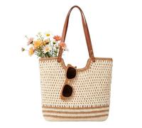 Peicees Crochet Beach Bag with Zipper, Summer Vacation Purse for Women Boho Shoulder Bag with Lining Woven Tote Small, Beige, S, Bohemian